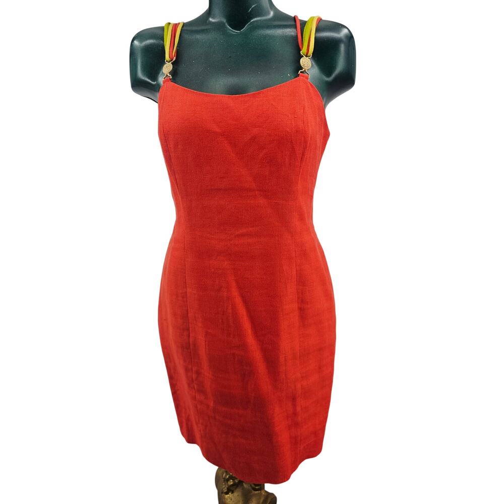 Vintage 90's Santa Fe Red Linen Blend Sheath Midi Dress Tropical Size 8 4080